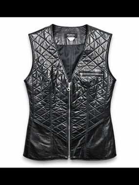 Vintage Marquis Black Leather Vest Quilted Moto Fitted Shiny Soft XS S
